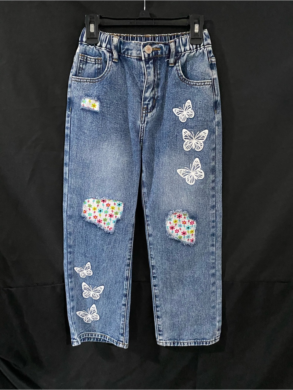 SHEIN Blue Denim Jeans with Floral Patch & White Butterfly Appliqués